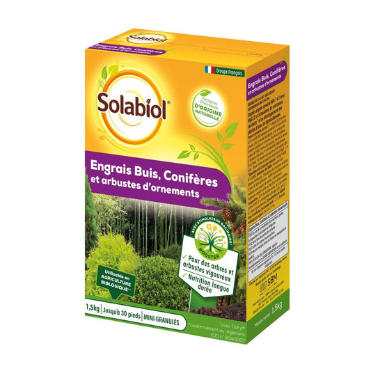  Engrais Conifères, Buis Et Arbustes D'ornement Solabiol En Boîte De 1.5 Kg