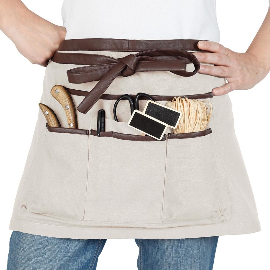 Tablier De Jardin Court Couleur Taupe Ceinture Simili-cuir 7 Poches 100% Coton - Taille Unique